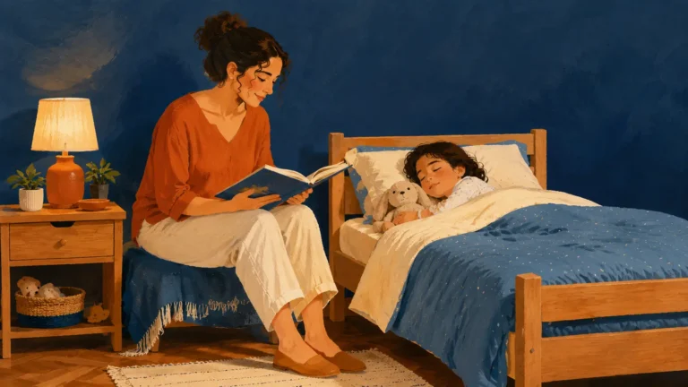 Mulher lê um livro para uma criança deitada na cama antes de dormir.