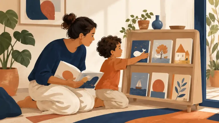Mãe e criança escolhendo juntas livros infantis em uma estante baixa.