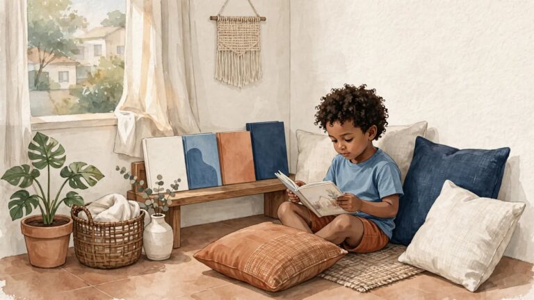 Criança lê sozinha em um cantinho com almofadas e livros ao alcance.