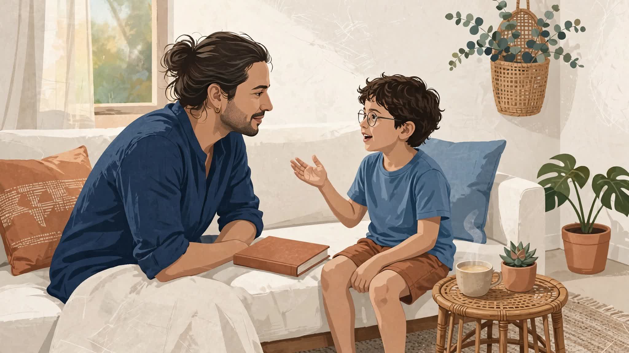 Homem e criança conversam sentados no sofá ao lado de um livro.