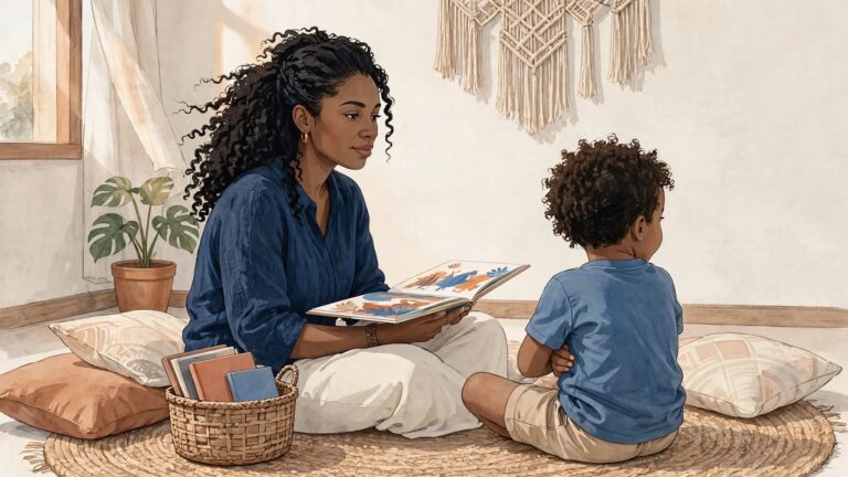 Mulher oferece um livro ilustrado a uma criança sentada de costas.