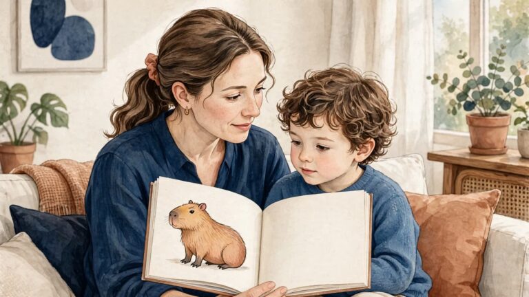 Mulher e criança leem juntas um livro ilustrado com a figura de um urso.