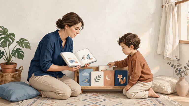 Mulher e criança escolhem juntas livros ilustrados guardados em caixas baixas.