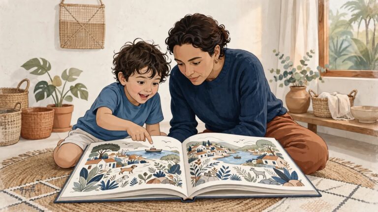 Adulto e criança observam juntos as ilustrações de um livro aberto.