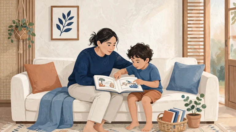 Adulto e criança sentados juntos no sofá, compartilhando a leitura de um livro em uma sala acolhedora.
