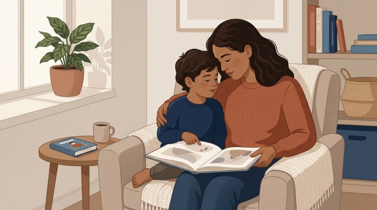 Ilustração editorial de mãe brasileira e filho pequeno sentados juntos em poltrona acolhedora, focados na leitura atenta de um livro ilustrado em ambiente doméstico sereno