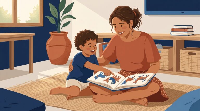 Ilustração editorial de mãe brasileira e criança pequena sentadas no chão da sala de estar compartilhando um livro ilustrado com contos acumulativos