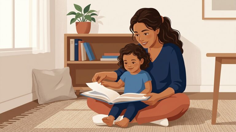 Ilustração editorial de mãe brasileira sentada no tapete com filho pequeno, orientando suas mãos com delicadeza para virar a página de um livro ilustrado em ambiente acolhedor