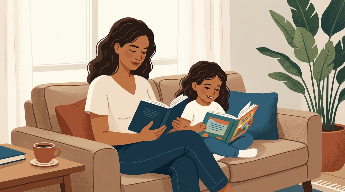 Ilustração editorial contemporânea em tons de azul marinho e terracota mostrando mãe e filha pequena lado a lado no sofá da sala, cada uma envolvida em seu próprio livro em momento sereno de leitura familiar