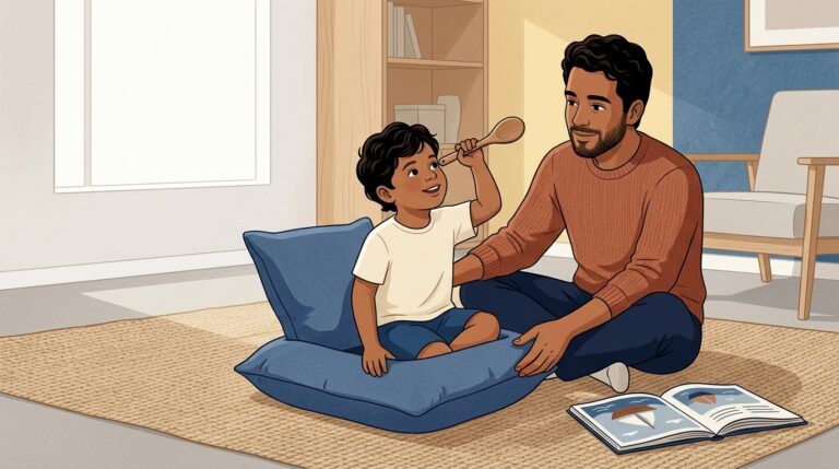 Ilustração editorial contemporânea em tons de azul marinho e terracota mostrando pai e filho pequeno no chão da sala de estar em momento de brincar de faz de conta inspirado em um livro ilustrado