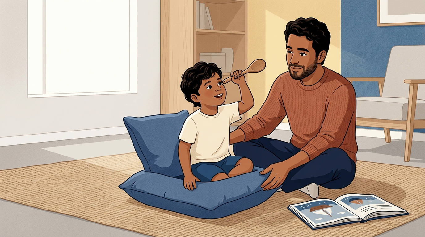 Ilustração editorial contemporânea em tons de azul marinho e terracota mostrando pai e filho pequeno no chão da sala de estar em momento de brincar de faz de conta inspirado em um livro ilustrado