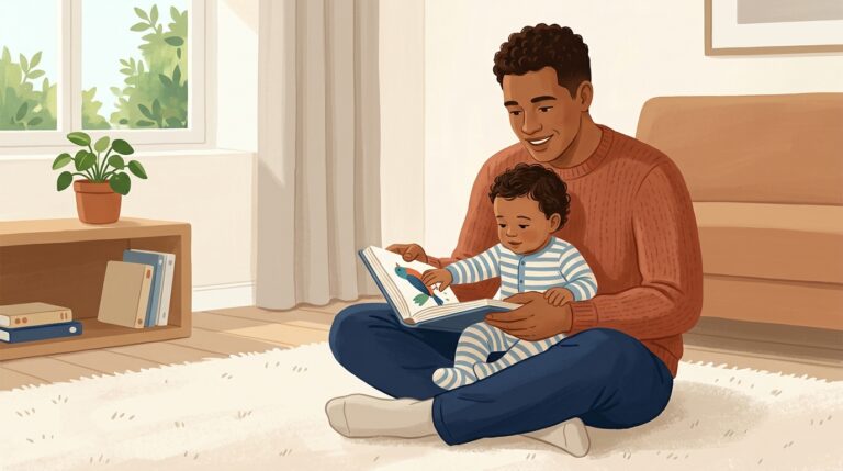 Ilustração editorial de um pai lendo um livro cartonado no colo para o bebê na sala de casa