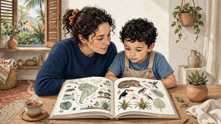 Adulto e criança exploram juntos um livro infantil informativo ilustrado.