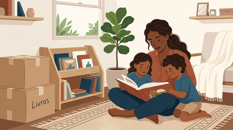 Ilustração editorial contemporânea de mãe brasileira sentada com seus filhos no tapete da sala compartilhando a leitura de um livro ilustrado próximo a caixas de mudança e estante baixa