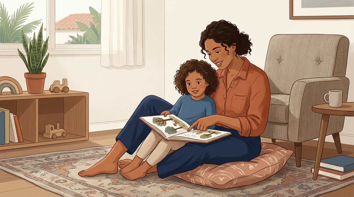 Ilustração editorial de mãe brasileira e criança pequena lendo juntas um livro ilustrado no chão da sala de casa com afeto e curiosidade