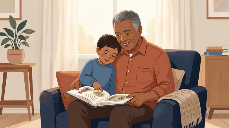 Avô e neto compartilhando a leitura de um livro infantil em uma poltrona aconchegante
