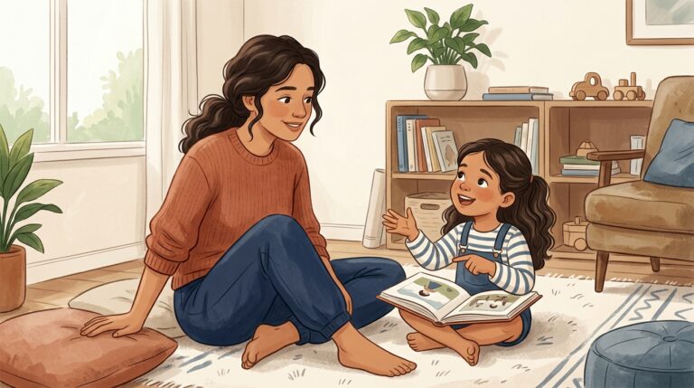 Ilustração editorial de mãe brasileira e filha pequena no chão da sala de estar, com a criança gesticulando e recontando uma história de livro ilustrado com afeto e encantamento