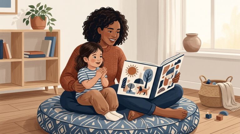 Ilustração editorial contemporânea de um adulto e uma criança pequena sentados em uma almofada no chão de uma sala acolhedora, compartilhando a leitura de um livro de versos rimados.