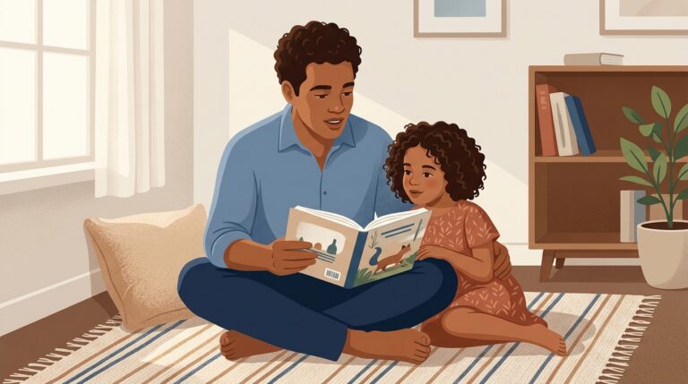 Ilustração editorial de um pai lendo um livro ilustrado para sua filha pequena na sala de estar, sentados sobre um tapete acolhedor.