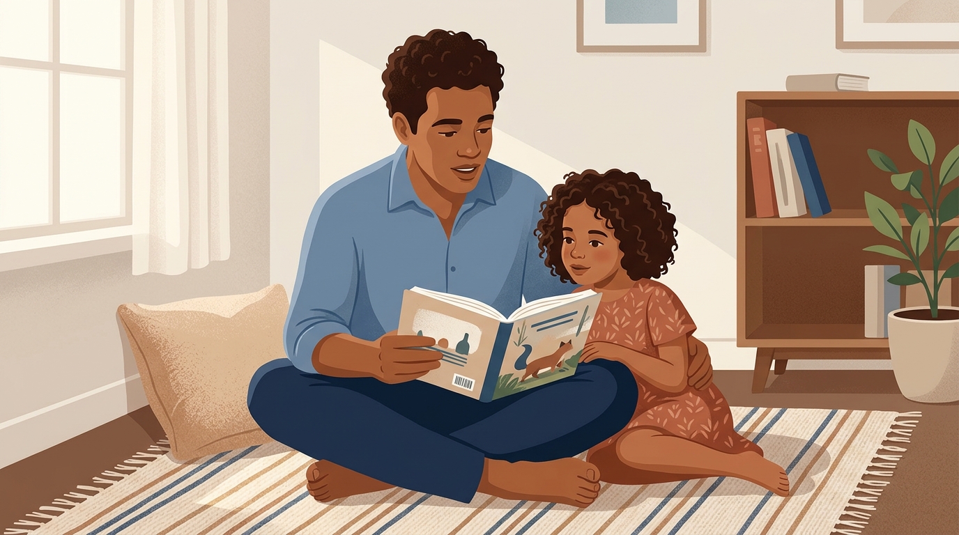 Ilustração editorial de um pai lendo um livro ilustrado para sua filha pequena na sala de estar, sentados sobre um tapete acolhedor.